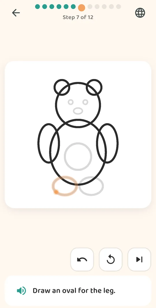 Step 7 of 12 of a teddy bear lesson: the next stroke glows orange and the hint reads Draw an oval for the leg