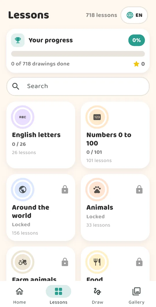 The Lessons tab with category tiles and progress