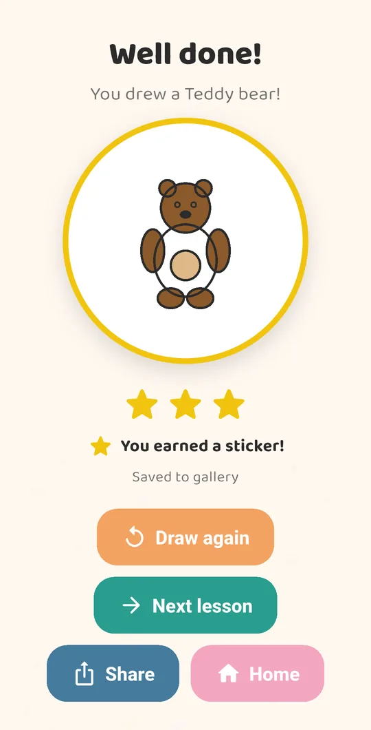 Celebration screen with stars and a sticker