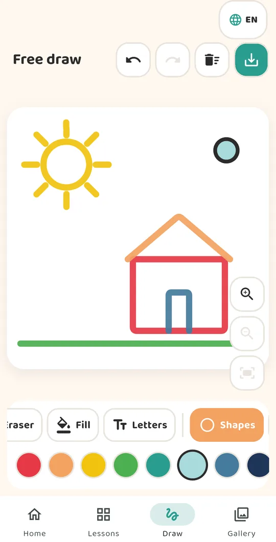 Free drawing board with shapes and stickers