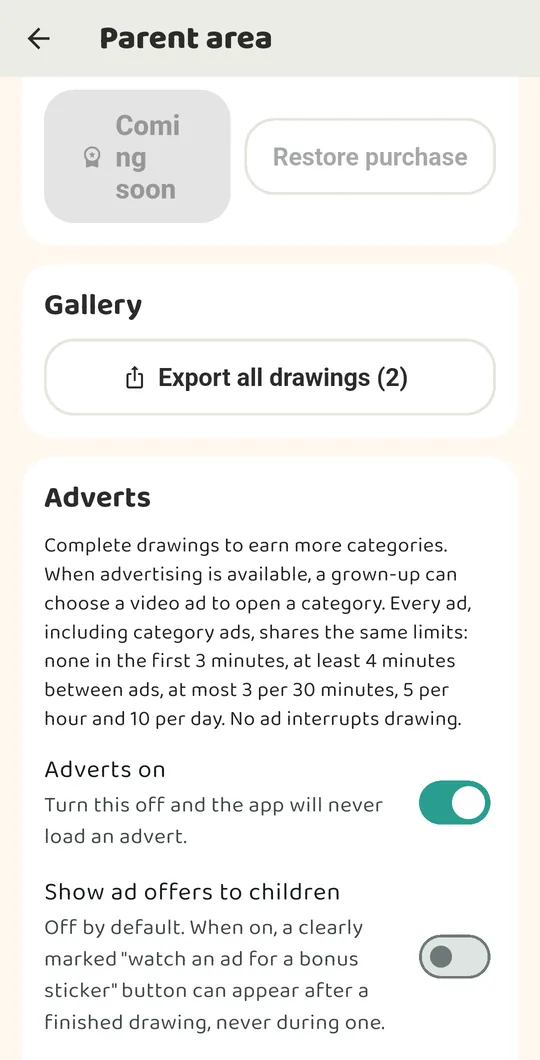 The parent area advert controls: Adverts on, and ad offers to children off