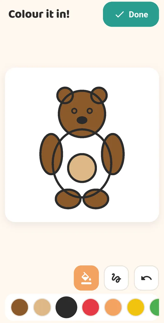 Colour it in: the teddy bear with head, arms and legs filled brown, Fill tool selected