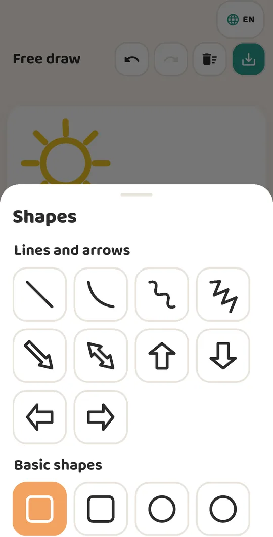 The Shapes sheet with lines, arrows and basic shapes