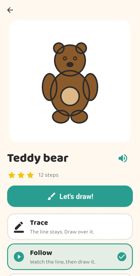 The Teddy bear lesson intro with a Let's draw button and the Trace and Follow mode cards